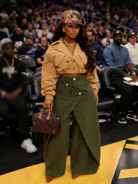 Retro High-waisted Cross-over Metal Buckle Irregular Wide-leg Pants