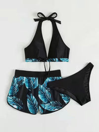 Tropical Leaf Print 3-Piece Bikini Set with Stylish Shorts Cover-Up