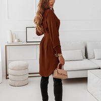 Elegant Lapel Long-Sleeve Belt Dress - Stylish Button-Down Christian Women's Fashion