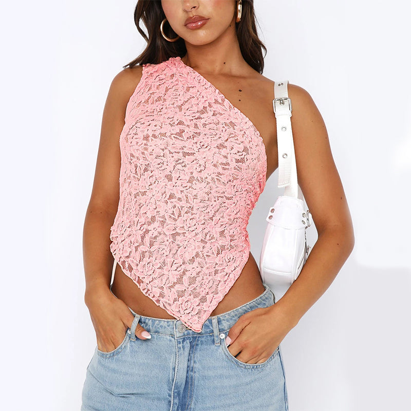 Ins Lace Backless Top Summer Solid Color Waistless Asymmetrical Sloped Neck Vest Streetwear Womens Clothes What Else You Got?