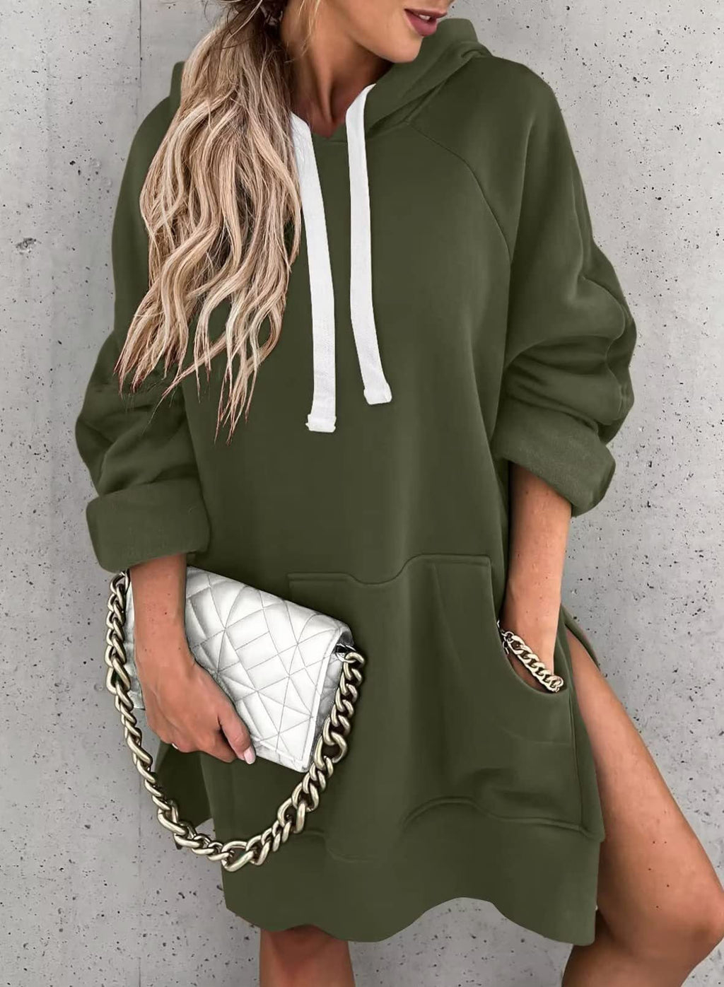 Women's Hooded Sweatshirt With Pockets Fashion Casual Split Mid-length Sweater Drawstring Tops What Else You Got?