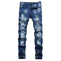 Comfortable Slim-Fit Blue Elastic Jeans for Men - Multi-Hole Design, Casual & Stylish