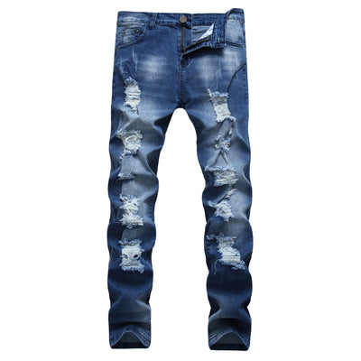 Comfortable Slim-Fit Blue Elastic Jeans for Men - Multi-Hole Design, Casual & Stylish