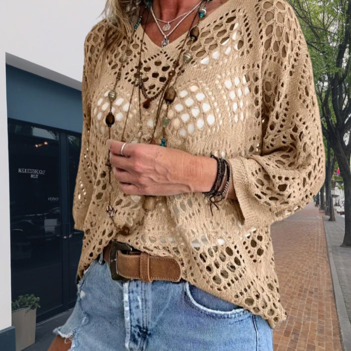 Long Sleeve Knitted Blouse Beach Pullover Tops
