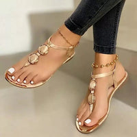 Women's Flat Beach Sandals – Metal Buckle Round Toe Summer Shoes in White, Black & Gold | Comfortable & Stylish