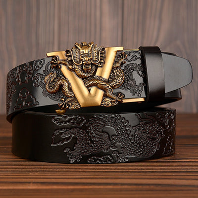 Men's Double Dragon Carved Leather Belt – Automatic Buckle