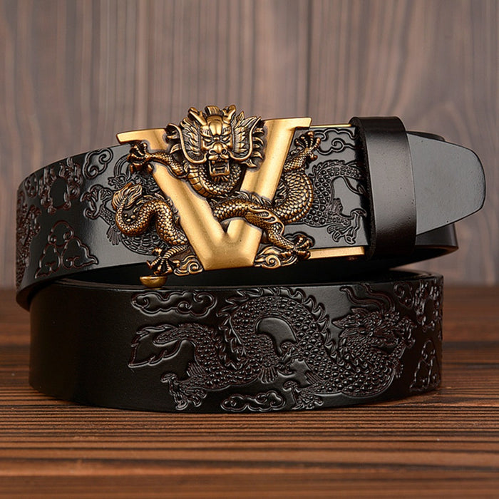 Men's Double Dragon Carved Leather Belt – Automatic Buckle