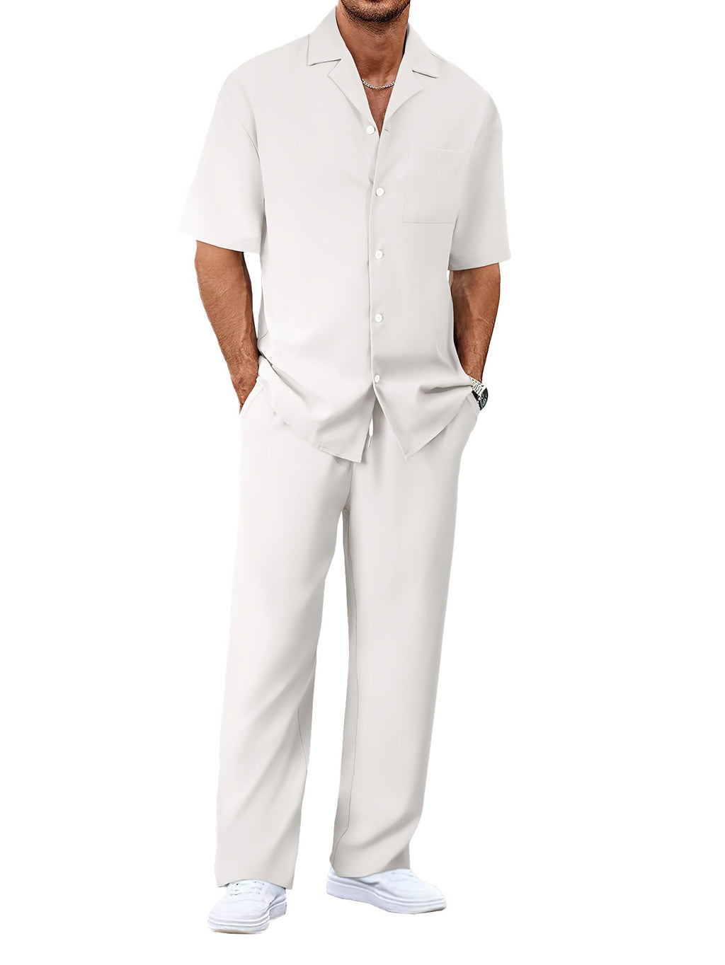 Men's Trousers Suit Fashion Lapel Button Short Sleeve Shirt And Pocket Straight Pants Clothing What Else You Got?