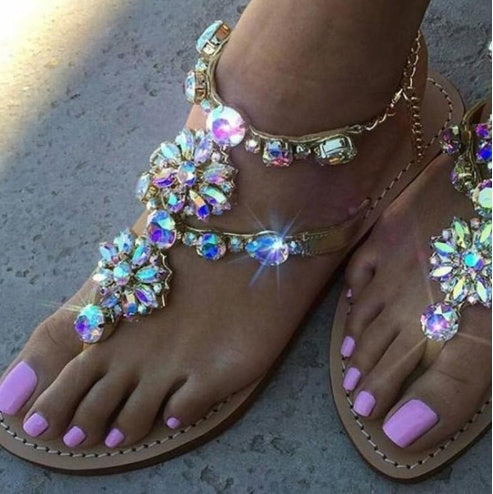 Women's Rhinestone Chained Sandals – Flat Diamond Detail Sandals