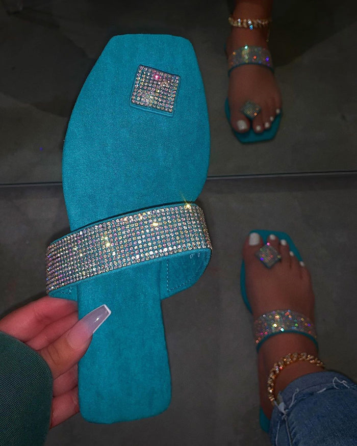 Women's Rhinestone Outdoor Slippers – Flat Sole Suede Slides