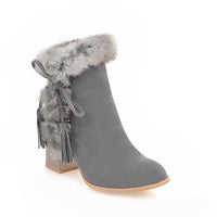 Elegant Faux Rabbit Fur Lace-Up Chunky Heel Boots - Fashionable & Warm