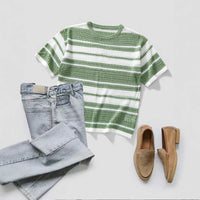 Mens Short-sleeved Color-block Casual Shirt With A Retro Striped Design