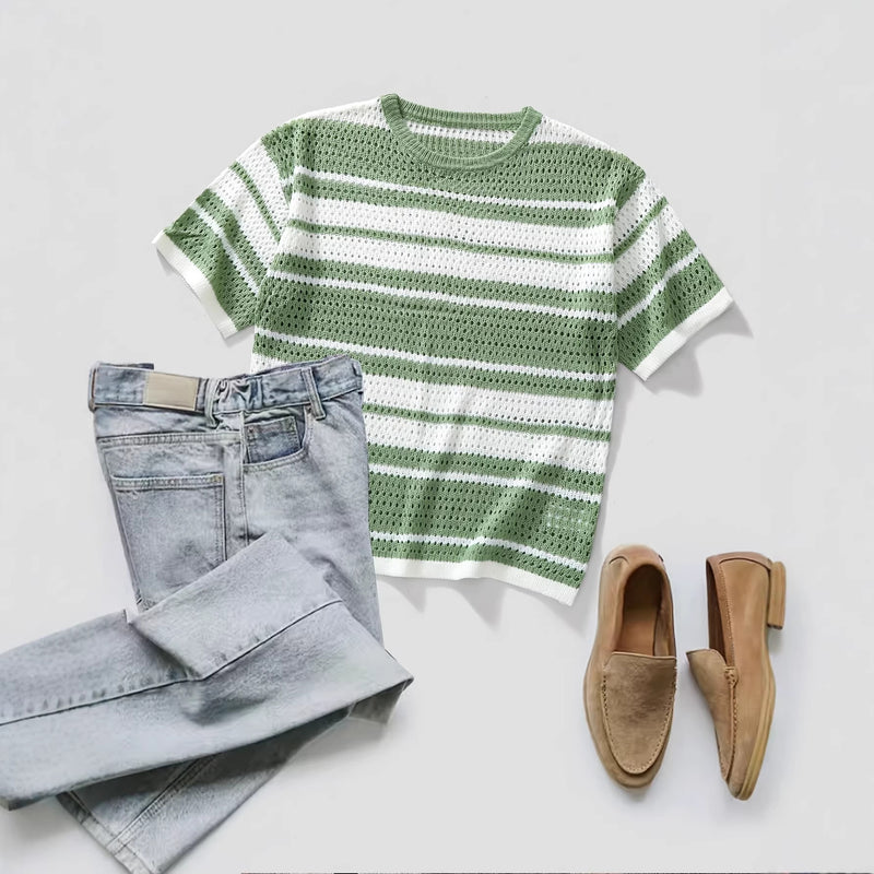 Mens Short-sleeved Color-block Casual Shirt With A Retro Striped Design