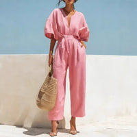 Women's V-Neck Cotton-Linen Jumpsuit – Breathable Summer Chic & Timeless Elegance