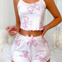 Elegant Bow-Print Ribbed Knit Lounge Set for Women – Soft & Feminine 2-Piece Set