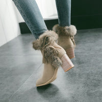 Elegant Faux Rabbit Fur Lace-Up Chunky Heel Boots - Fashionable & Warm