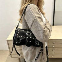 Retro Faux Leather Underarm Bag – Studded Shoulder Bag with Buckles for Women