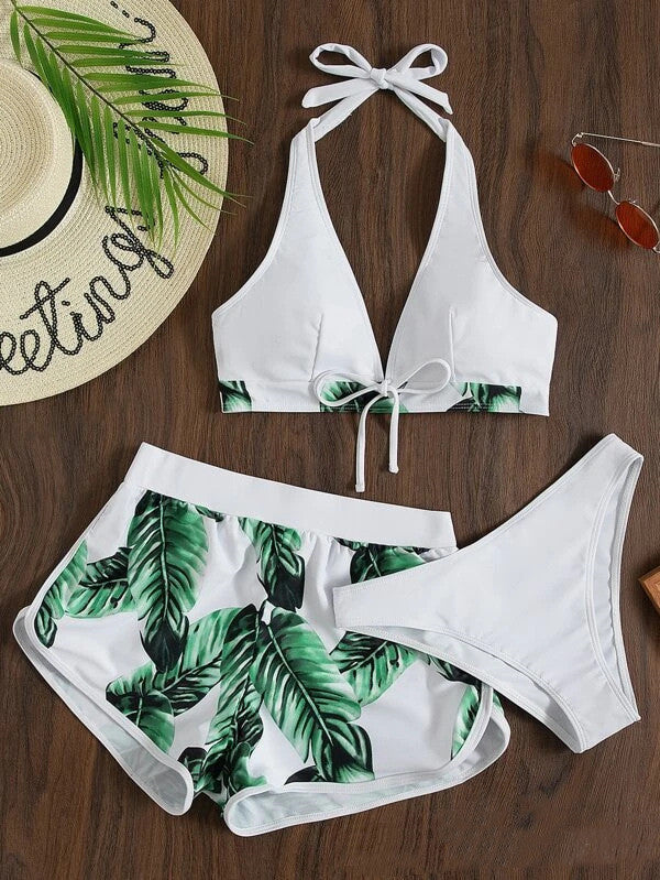 3pcs Leaf Print Bikini With Shorts Fashion Summer Beach Swimsuit Womens Clothing What Else You Got?