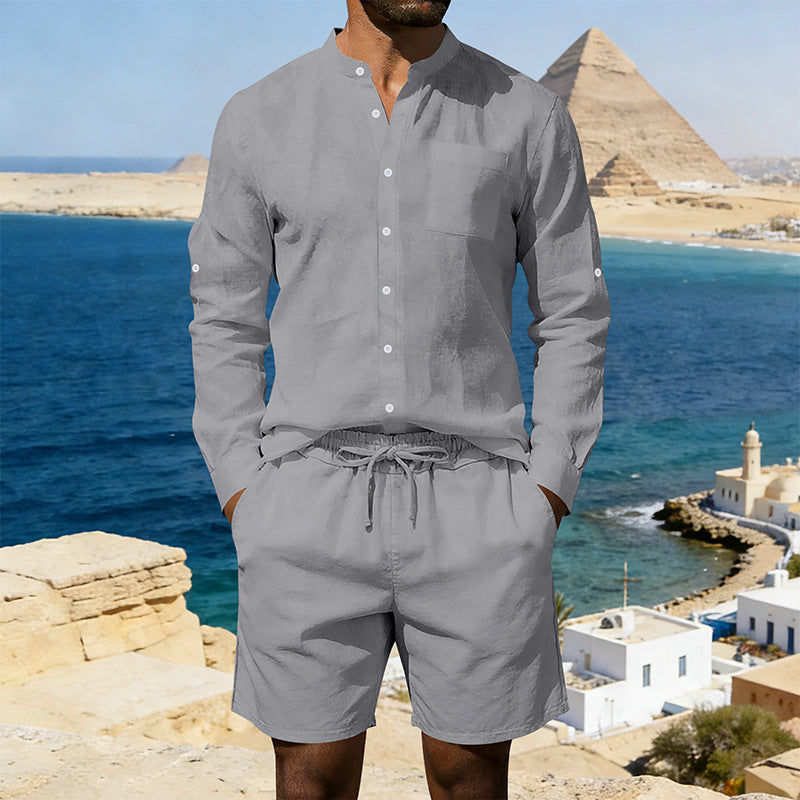 Mens Casual Linen Shirt And Shorts Set Summer Vintage Stand Collar Shirts Men Comfortable Breathable Beach Suits What Else You Got?