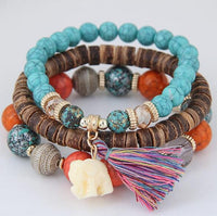 Boho Baby Elephant Wood Bead Stackable Tassel Bracelet – Lucky Charm Jewelry for Women