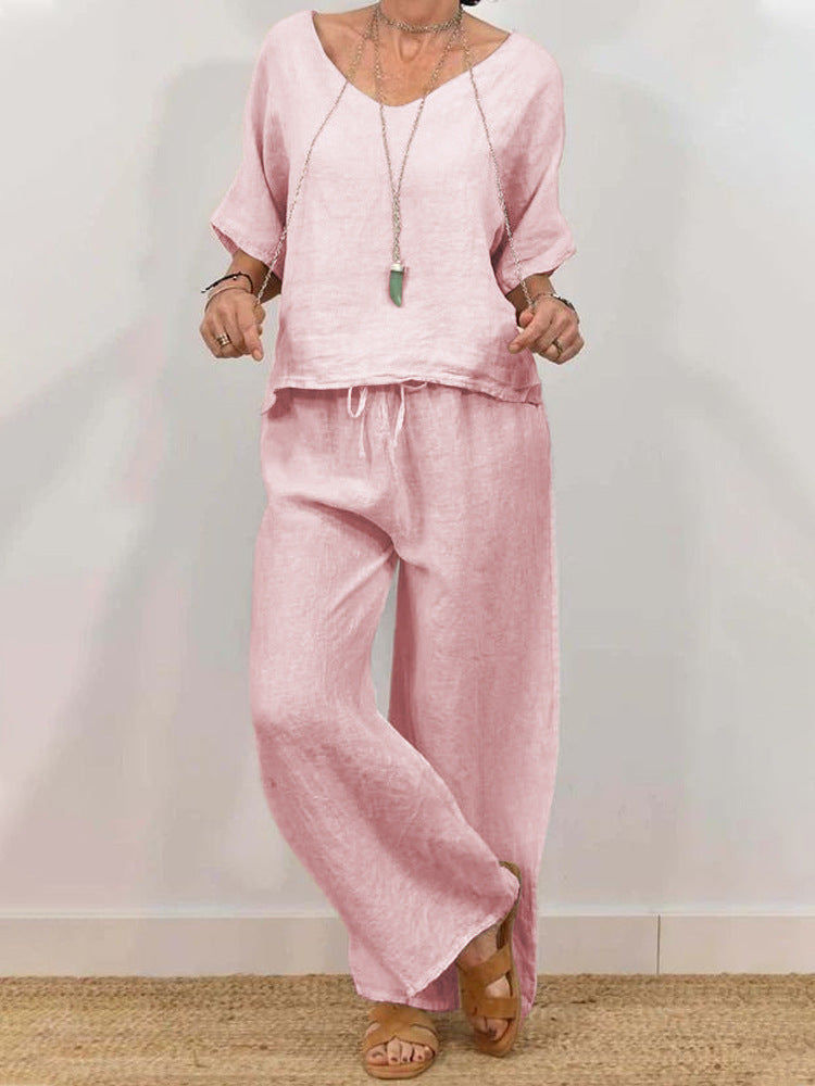 Womens Multi-Color Two-Piece Set Casual V-Neck Pullover With Three-Quarter Sleeves And Extended Pants What Else You Got?