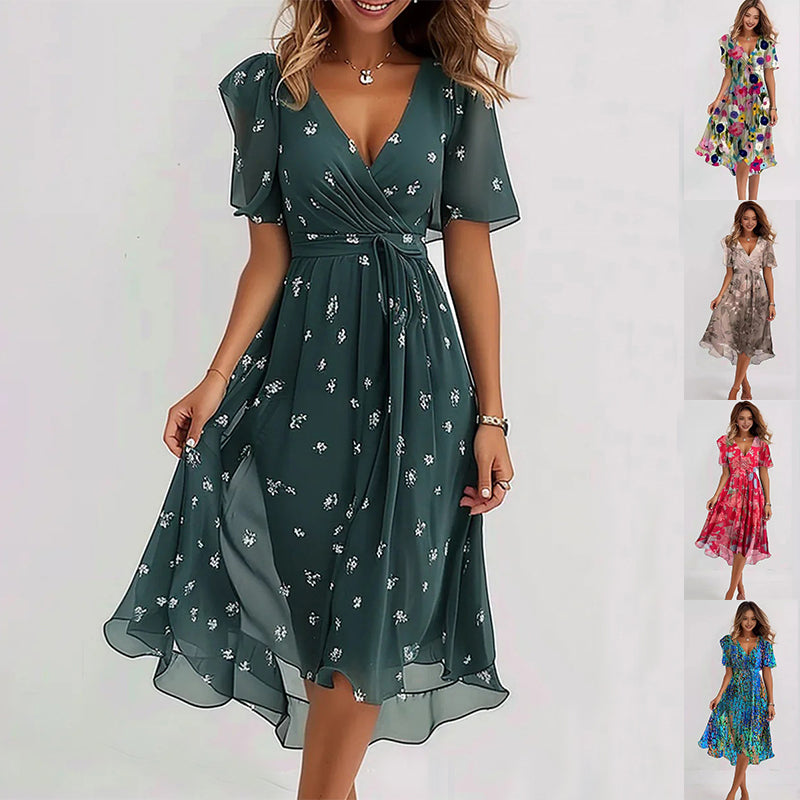 Women's Chiffon V-Neck Dress – Short Sleeve Printed Summer Dress
