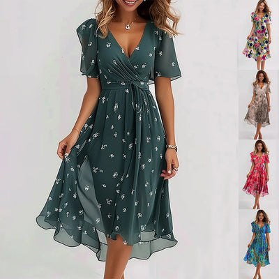 Women's Chiffon V-Neck Dress – Short Sleeve Printed Summer Dress