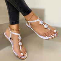 Women's Flat Beach Sandals – Metal Buckle Round Toe Summer Shoes in White, Black & Gold | Comfortable & Stylish