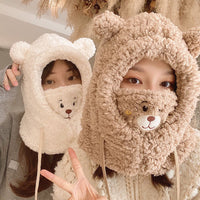 Adorable Bear Plush Winter Hat with Scarf & Mask - Cozy & Windproof for Men & Women