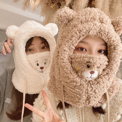Adorable Bear Plush Winter Hat with Scarf & Mask - Cozy & Windproof for Men & Women