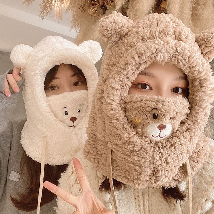 Adorable Bear Plush Winter Hat with Scarf & Mask - Cozy & Windproof for Men & Women