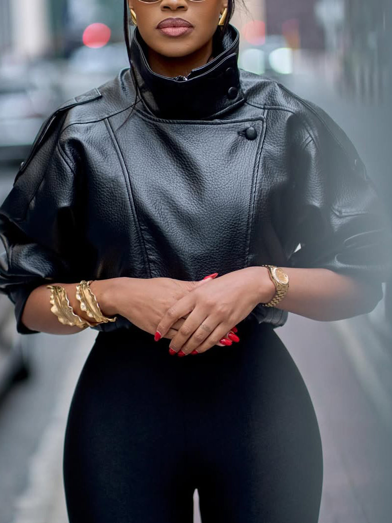 Women's Cropped Faux Leather Jacket – Stand Collar Puff Sleeve