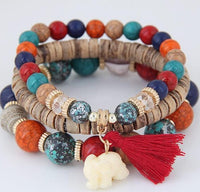 Boho Baby Elephant Wood Bead Stackable Tassel Bracelet – Lucky Charm Jewelry for Women