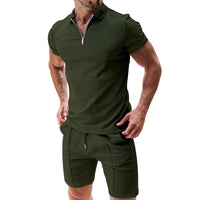 Men's Summer Casual Waffle Suit Set – Zipper Lapel Top & Drawstring Shorts (2-Piece Set)