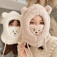 Adorable Bear Plush Winter Hat with Scarf & Mask - Cozy & Windproof for Men & Women
