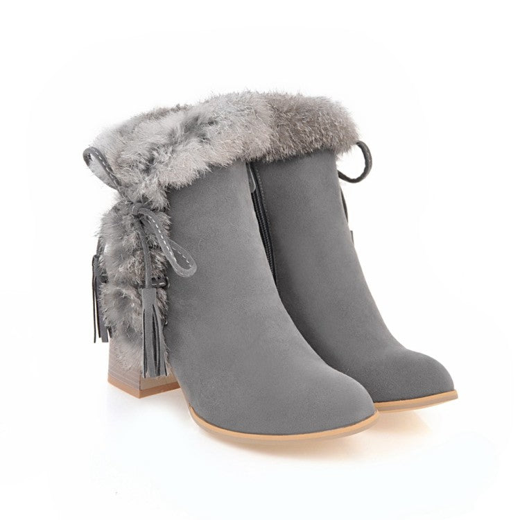 Elegant Faux Rabbit Fur Lace-Up Chunky Heel Boots - Fashionable & Warm