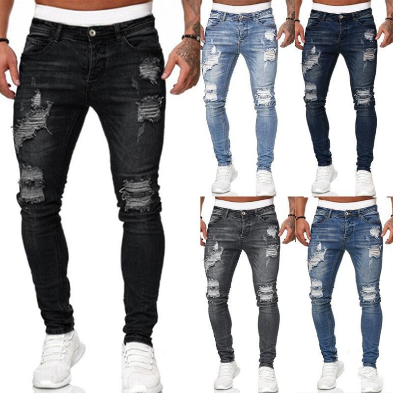 Men’s Trendy Ripped Skinny Jeans – Vintage Wash Slim Fit Denim (S–3XL)