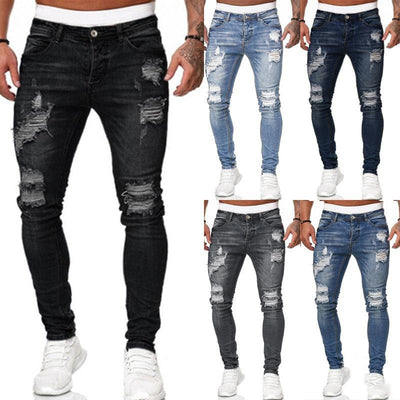 Men’s Trendy Ripped Skinny Jeans – Vintage Wash Slim Fit Denim (S–3XL)