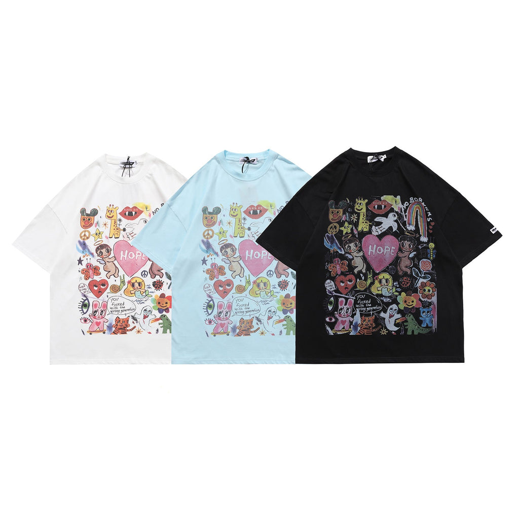 New Summer Products National Tide Men'S Cartoon Graffiti Love Printed Men'S Loose Short Sleeve T-Shirt What Else You Got?