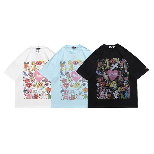 New Summer Products National Tide Men'S Cartoon Graffiti Love Printed Men'S Loose Short Sleeve T-Shirt What Else You Got?
