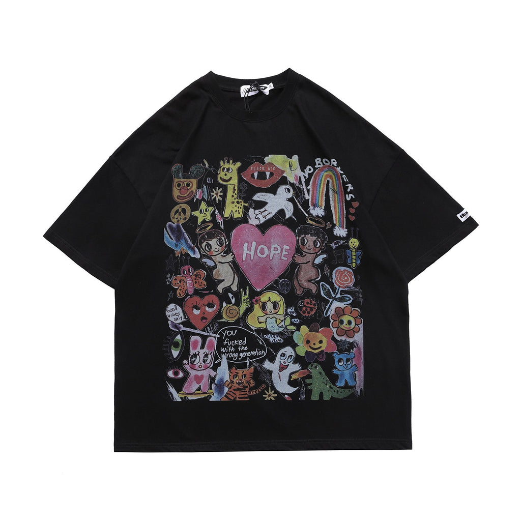 New Summer Products National Tide Men'S Cartoon Graffiti Love Printed Men'S Loose Short Sleeve T-Shirt What Else You Got?