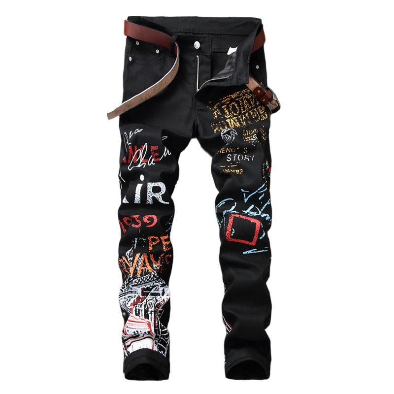 Plus Size Men's Slim Fit Graffiti Print Jeans - Trendy Hip Hop Trousers for Youth (28-42)