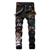 Plus Size Men's Slim Fit Graffiti Print Jeans - Trendy Hip Hop Trousers for Youth (28-42)