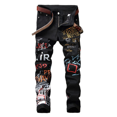 Plus Size Men's Slim Fit Graffiti Print Jeans - Trendy Hip Hop Trousers for Youth (28-42)