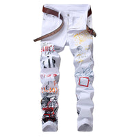 Plus Size Men's Slim Fit Graffiti Print Jeans - Trendy Hip Hop Trousers for Youth (28-42)