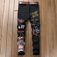 Plus Size Men's Slim Fit Graffiti Print Jeans - Trendy Hip Hop Trousers for Youth (28-42)