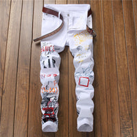 Plus Size Men's Slim Fit Graffiti Print Jeans - Trendy Hip Hop Trousers for Youth (28-42)