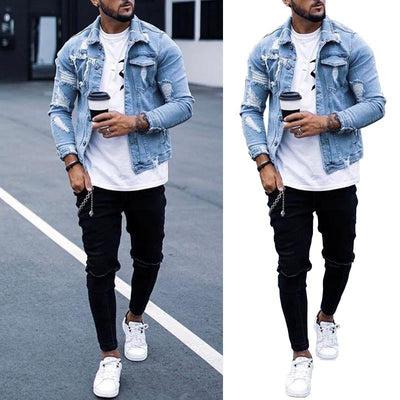 Men's Distressed Denim Jacket - Light Blue Ripped Irregular Washed Fit - Hip Hop Style