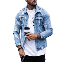 Men's Distressed Denim Jacket - Light Blue Ripped Irregular Washed Fit - Hip Hop Style