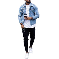 Men's Distressed Denim Jacket - Light Blue Ripped Irregular Washed Fit - Hip Hop Style